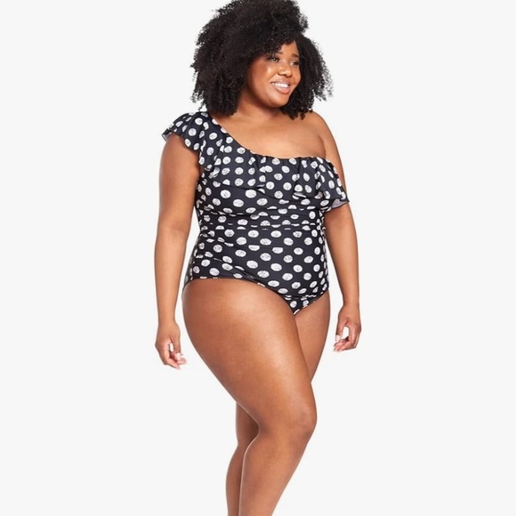 NEW LYSA PLUS Size Black and White Polka Dot One-Shoulder Swimsuit - Picture 3 of 13